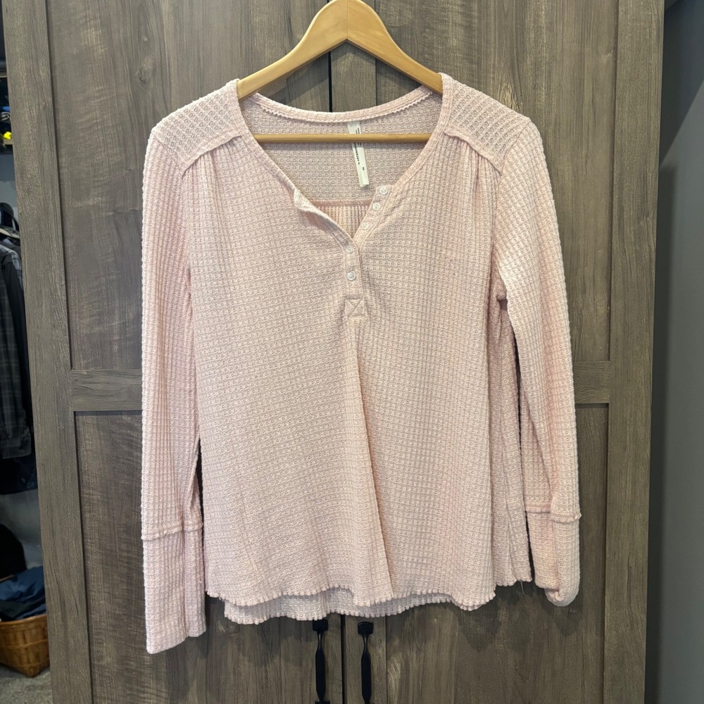 Anthropologie Pink Waffle Knit Henley Top Long Sleeve Thermal XS
